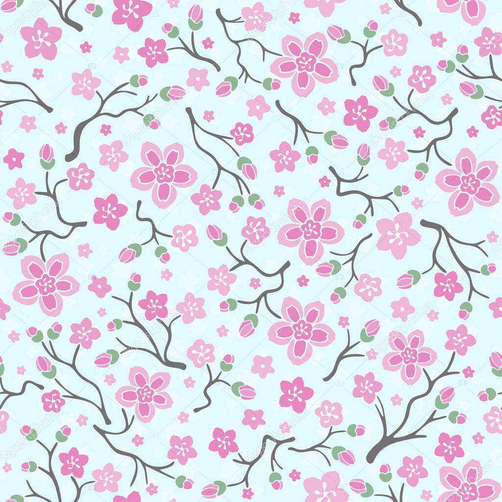 Seamless pattern with pink sakura blossom. Flowers pattern. Hello spring. Vector Illustration.
