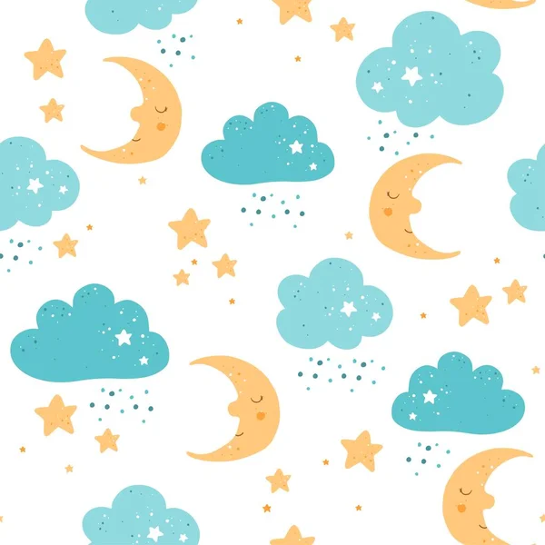 Lindo Patrón Sin Costuras Con Lunas Estrellas Nubes Patrón Sin — Archivo Imágenes Vectoriales