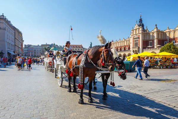 KRAKOW, POLAND - September 16, 2016: Horse carriages at main square in Krakow in a summer day, Poland — Stock Photo, Image