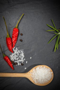 Biber karabiber ve tuz rustik taş zemin üzerine. Havai görünümü gıda fotoğrafçılığı.