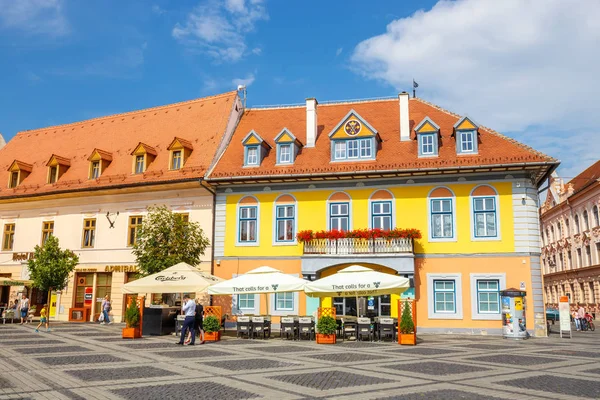 Sibiu, Romania - July 19, 2014: Old Town Square in the historical center of Sibiu was built in the 14th century, Romania — Stock Photo, Image