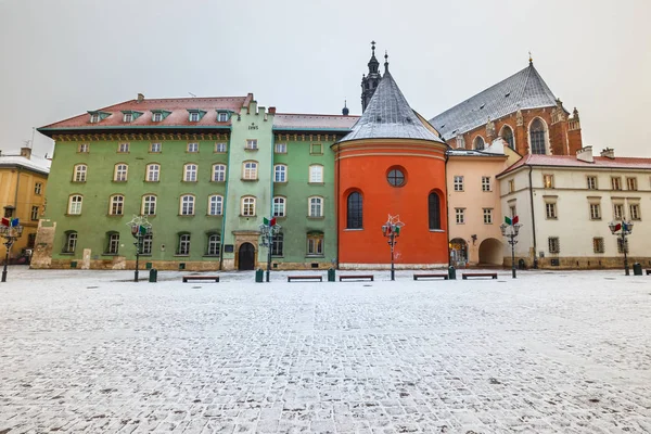 First snow in a small market in Krakow, Poland — Stock Photo, Image