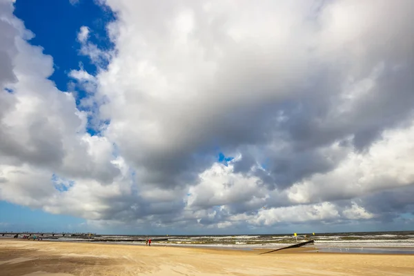 Praia amarela arenosa com céu nublado, Mar Báltico — Fotografia de Stock