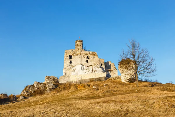 Zřícenina středověkého hradu Mirow v Polsku při západu slunce — Stock fotografie