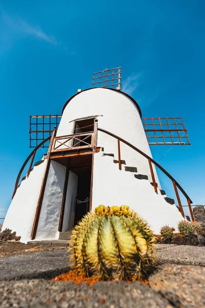 Moulin à vent sur fond de ciel bleu dans le jardin de cactus, village de Guatiza, Lanzarote, îles Canaries — Photo