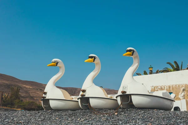 Botes de pedal en forma de cisne en la playa, concepto de vacaciones de verano —  Fotos de Stock