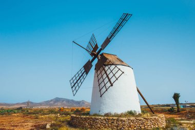 Fuertaventura, Kanarya Adaları, İspanya geleneksel beyaz taşlı yel değirmeni