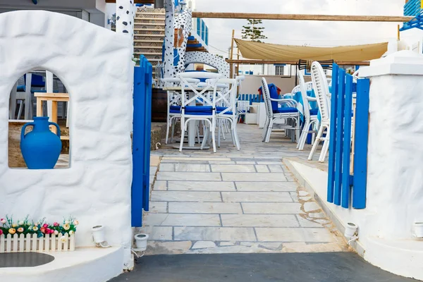 White and blue colors of traditional Greek tavern. Crete Island, Greece — Stock Photo, Image