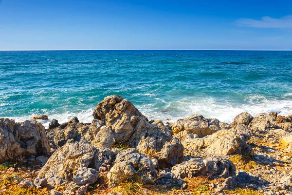 Beautiful greek seascape at sunny day, Malia, Crete — Stock Photo, Image