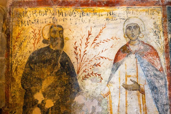 Kreta, Grecja, zm. 12 czerwca 2017: Wnętrze gotyckiego bizantyjski Kościół Panagia Kera w miejscowości Kritsa, Kreta, Grecja — Zdjęcie stockowe