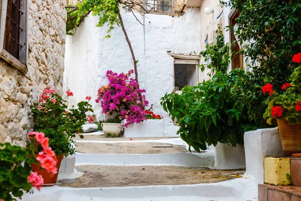 Calle estrecha en el pueblo de Kritsa cerca de Agios Nikolaos, Creta, Grecia —  Fotos de Stock