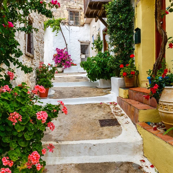 Enge straße im dorf kritsa in der nähe von agios nikolaos, beton, griechenland — Stockfoto