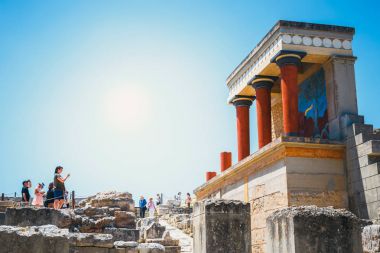 Knossos, Crete, June 10, 2017: Scenic ruins of the Minoan Palace of Knossos. Knossos palace is the largest Bronze Age archaeological site on Crete of the Minoan civilization and culture clipart