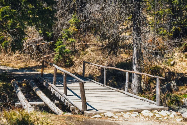 Ponte di legno sul torrente nel bosco — Foto Stock