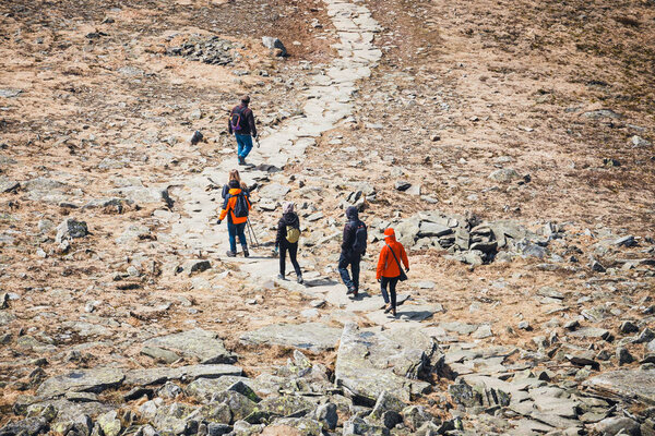unidentified hikers travel in the Babia Gora Mountain with a backpackes