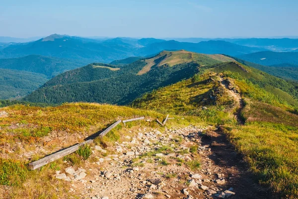 Estate paesaggio montano all'alba con erba e cielo blu — Foto Stock