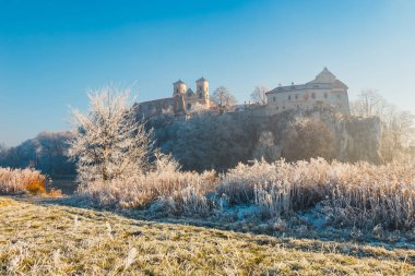 Hoarfrost çim ve Tyniec içinde benedictine abbey arka planda, Krakov, Polonya