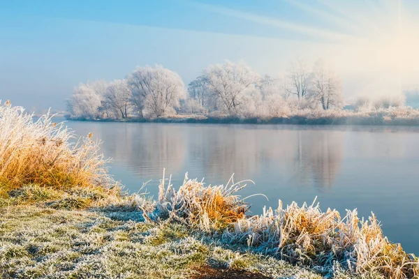 Paisagem de inverno com um rio e árvores cobertas com geada — Fotografia de Stock