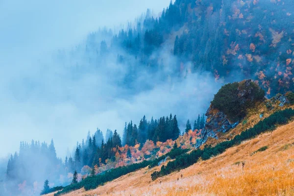 Neblige Berglandschaft mit Wolken über den Gipfeln — Stockfoto