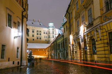 Krakow, Polonya - 21 Ocak 2018: Kanonicza sokak gece Wawel Kalesi arka planda, Krakow, Polonya