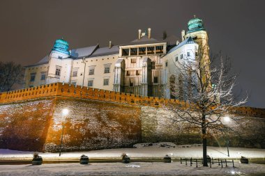 Krakow, Polonya en ünlü dönüm noktası Wawel Kalesi gece görünümü