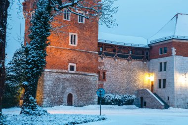 Krakow, Polonya en ünlü dönüm noktası Wawel Kalesi gece görünümü