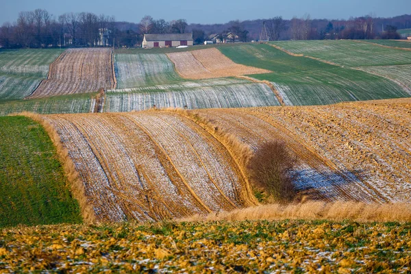 Cultivado campos agrícolas como padrão abstrato no pôr do sol de outono. Retalhos coloridos do campo — Fotografia de Stock