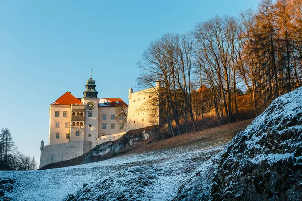 Château de Pieskowa Skala situé dans le parc national d'Ojcowski, heure d'hiver — Photo