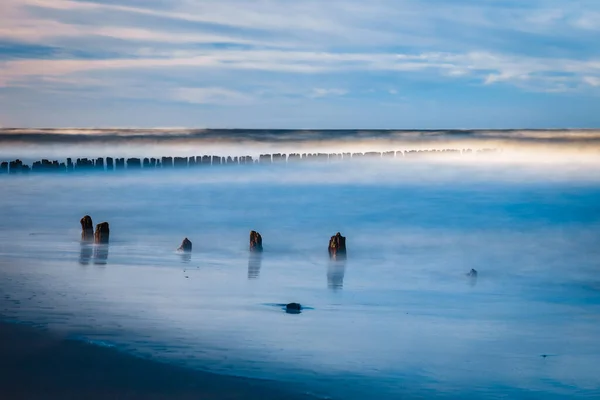 Lunga Esposizione Colpo Mare Molo Tramonto Mar Baltico Polonia — Foto Stock