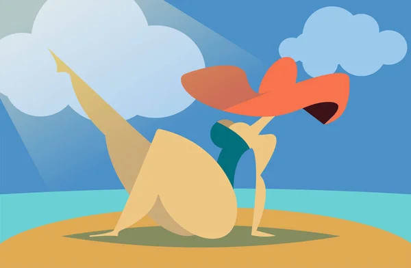 Vektor Illustration Einer Dame Mit Rotem Hut Beim Sonnenbaden Strand — Stockvektor