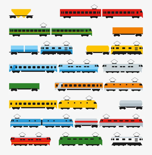 Trenes Eléctricos Conjunto Iconos Colores Incluyendo Locomotoras Turismos Vagones Carga — Archivo Imágenes Vectoriales
