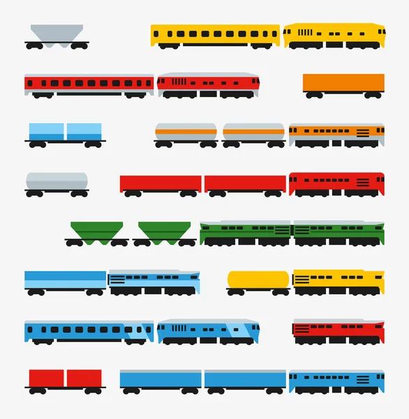 Locomotoras Diesel Conjunto Iconos Colores Incluyendo Varias Locomotoras Diésel Vagones — Archivo Imágenes Vectoriales