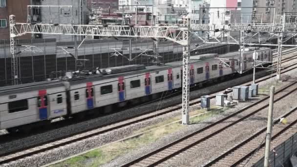 Trens Passando Sobre Rails Seoul City Coréia Sul — Vídeo de Stock