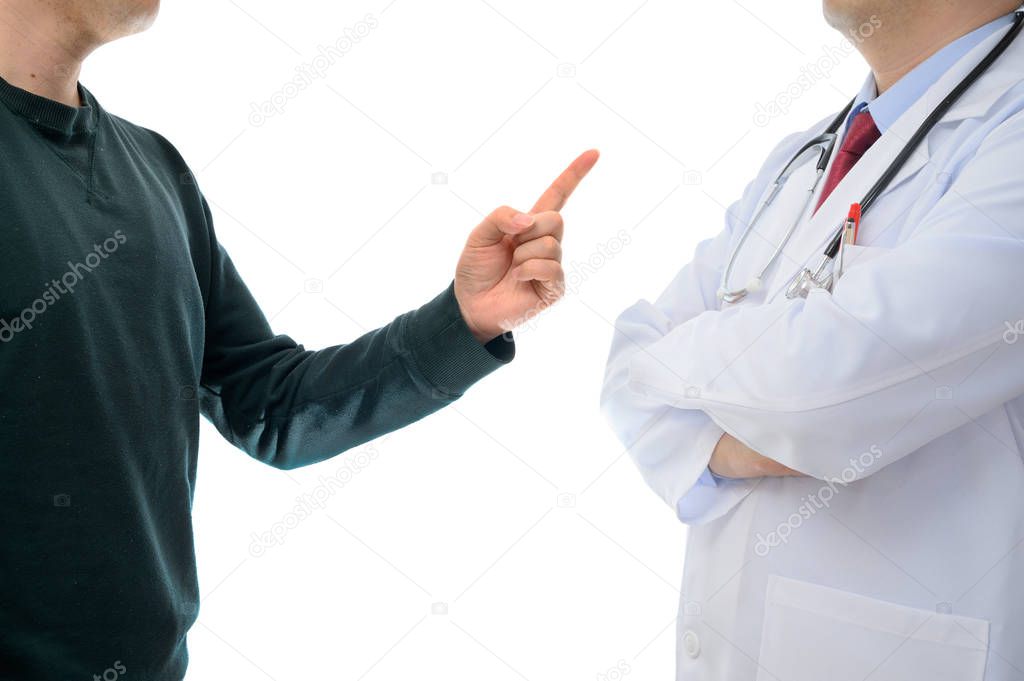 Patients protesting to the doctor. Medical dispute concept