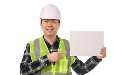 An Asian engineer holding a blank message board.