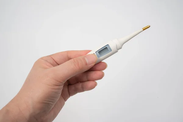 Male Hand Holding Digital Thermometer Hand White Background — Stock Photo, Image
