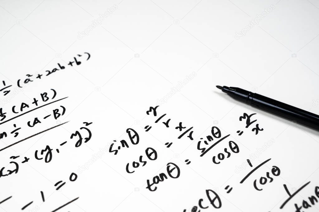 A note full of mathematical formulas. Education concept.