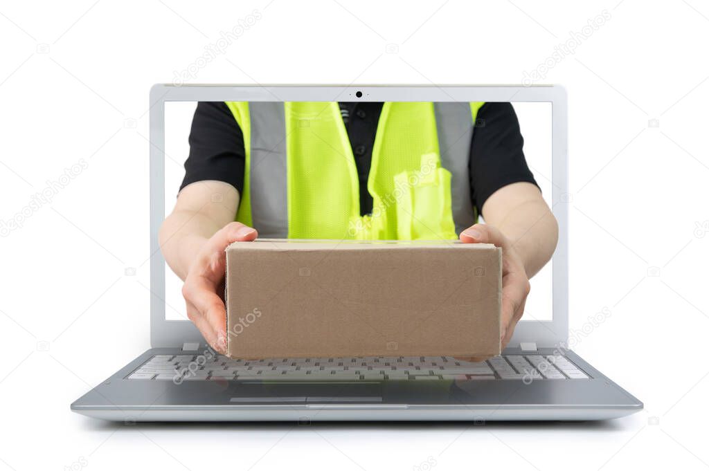Delivery man delivering a parcel comes out from a screen of a laptop computer isolated on white background. e-commerce concept.