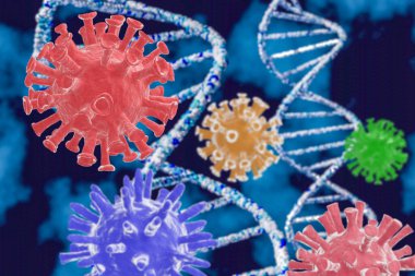 DNA ve koronavirüsün 3 boyutlu çizimi. Koronavirüs ve gen mutasyonu kavramı..