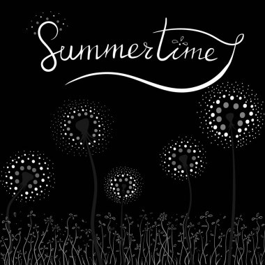 Çiçek monohrome şekil ile çim ve karahindiba ile yazı tasarımı ile gelişir. . Tasarım, yarışma, poster, kart, scrapbooking için yaz çiçek arka plan
