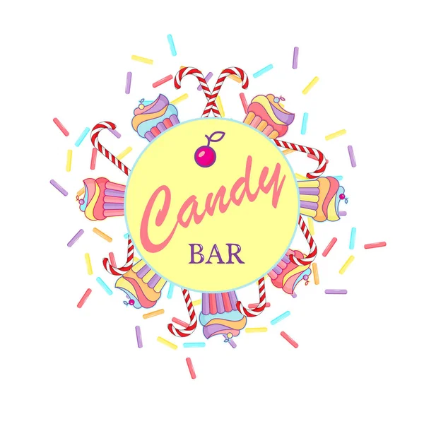Vector Hand Rita Illustration Candy Bar Bokstäver Med Cupcakes Klubbor — Stock vektor