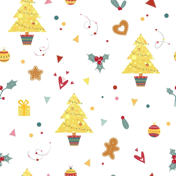 Weihnachtsset 2020 Nahtloses Muster Mit Dekorativen Elementen Käsetanne Stechpalme Kugeln — Stockvektor