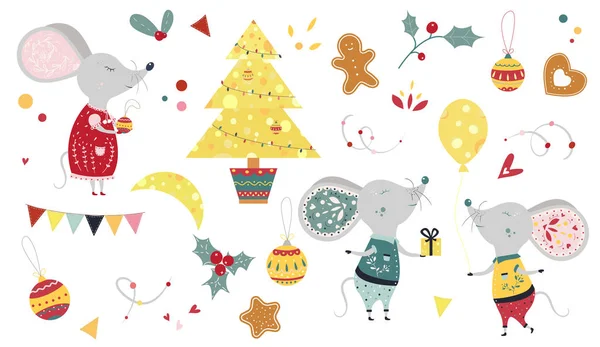 Großes Weihnachtsset Mit Mäusen Oder Ratten Symbol Des Neuen Jahres — Stockvektor