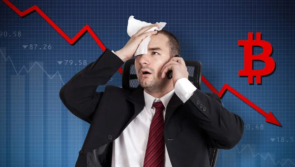 Bitcoin crisis, currency collapse. Broker holding forehead — Stock Photo, Image