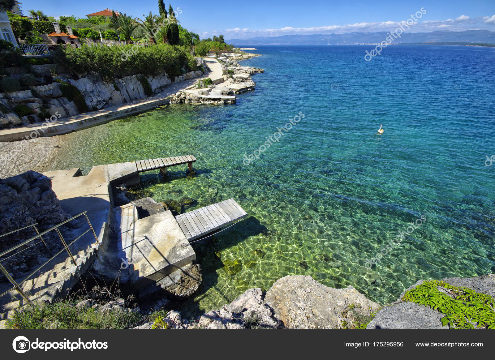 The rocky Adriatic coastline in Porat village. The island of Krk
