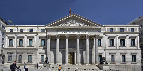 MADRID / SPAIN - APRIL 11, 2019 - Building of Congress of Deputies Congreso de los Diputados in City of Madrid, Spain