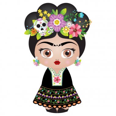 Frida Kahlo Kokeshi doll - Vector Illustration - Catrina version clipart