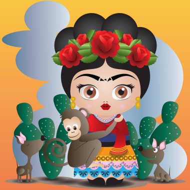 Frida Kahlo ve onun evcil hayvan. Kokeshi bebek stil. Arka plan manzara. İllüstrasyon vektör