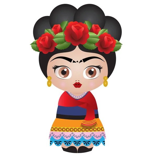 Frida Kahlo Kokeshi Doll Vector Ilustración Rosas — Archivo Imágenes Vectoriales