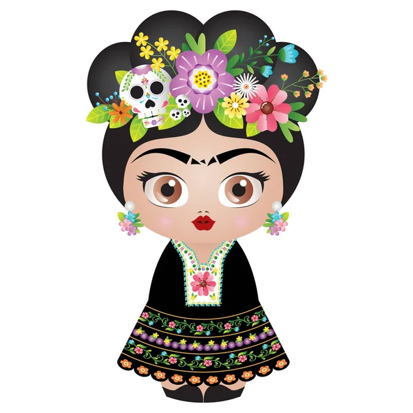 Muñeca Frida Kahlo Kokeshi Ilustración Vectorial Versión Catrina — Archivo Imágenes Vectoriales